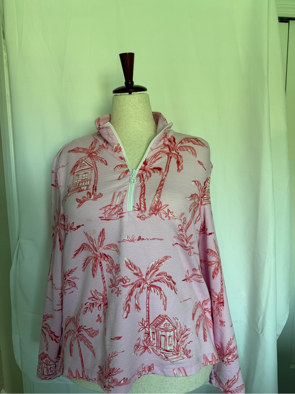 Talbots Light Pink Quarter-Zip Sweatshirt with Red Tropical Print